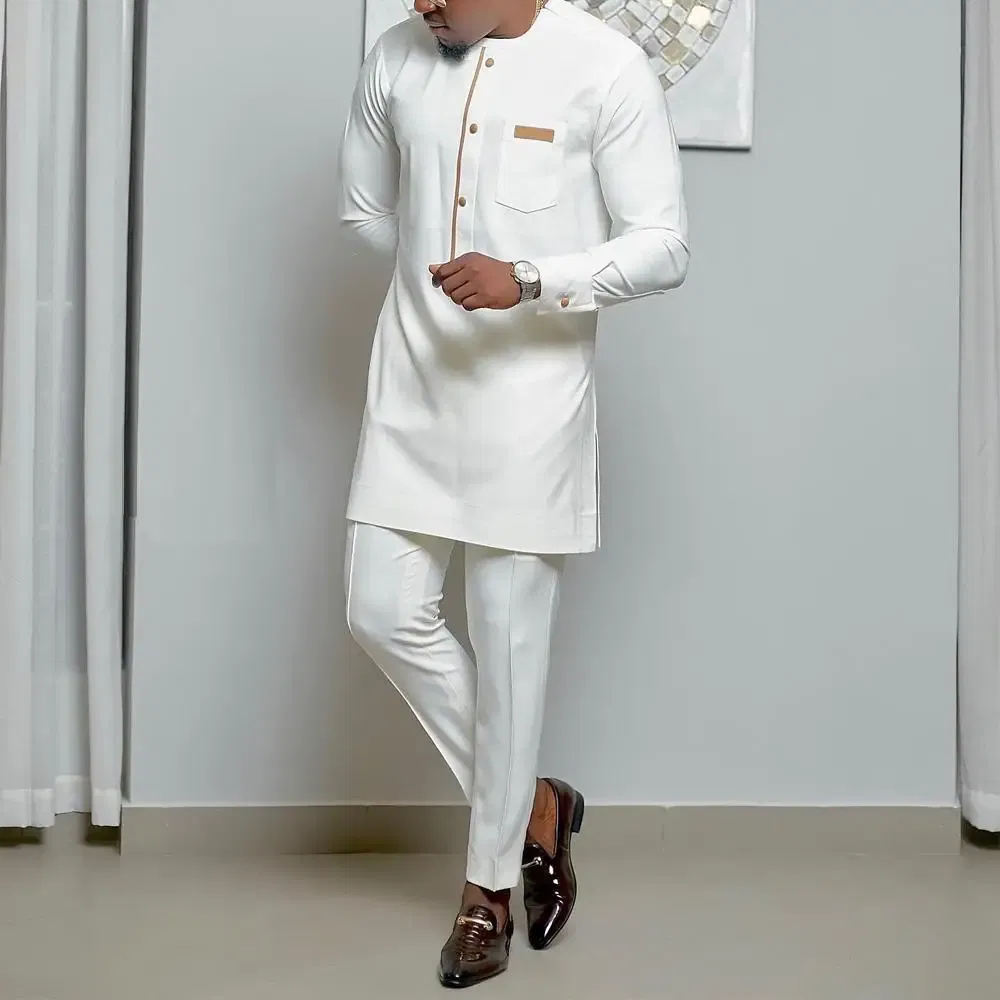 Color: Pink, Size: XXXL - 2024 New African Traditional Men's Set Elegant and Fashionable Men's Suit Casual Embroidery Two Piece Set Men's Suit Kaftan