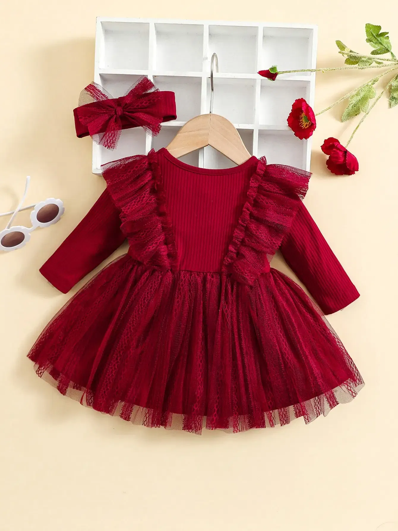 Color: Red, Kid Size: 3T?€?€·?¤–运动?‰ - Two-Piece Baby Girl Romantic Small Flying Sleeve Long Sleeve Ruffled Mesh Dress + Bow Headscarf Spring And Autumn