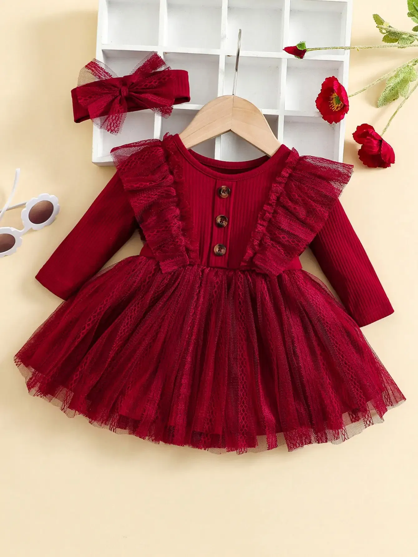 Color: Red, Kid Size: 3T?€?€·?¤–运动?‰ - Two-Piece Baby Girl Romantic Small Flying Sleeve Long Sleeve Ruffled Mesh Dress + Bow Headscarf Spring And Autumn