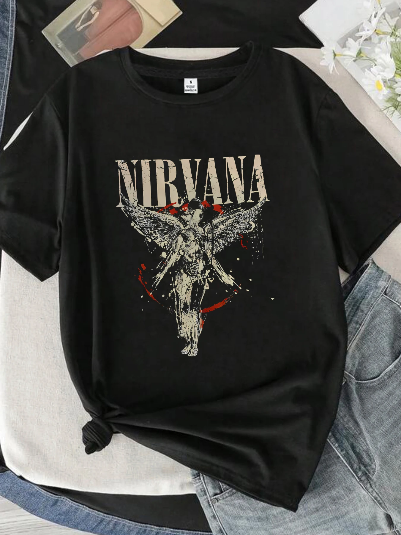 Color: black, Size: XL - 【0933?‘ Letters and angels Round neck women's T-shirt short sleeves fashion printed half-sleeve top elastic T-shirt