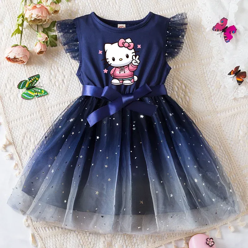 Color: Lavender, Kid Size: 5 - Hello Kitty Girls Sequin Tutu Dress with Bow Flutter Sleeves Summer Princess Party Outfit for Toddler Kids 2-6 Years