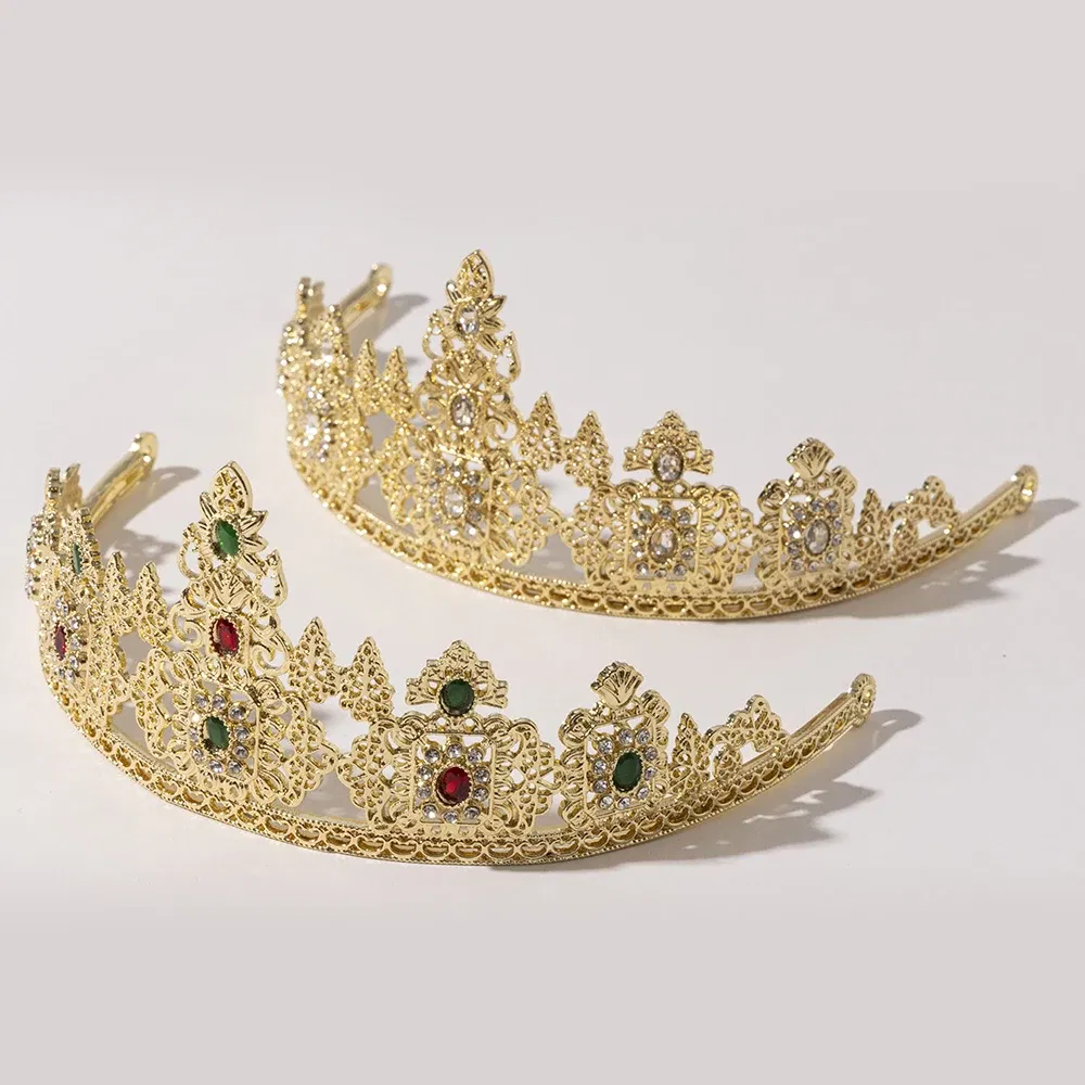 Metal color: Rhodium Plated - LUIZADA European Princess Queen Round Headdress Moroccan Bride Crystal Crown King Bride Headdress Wedding Hair Accessories