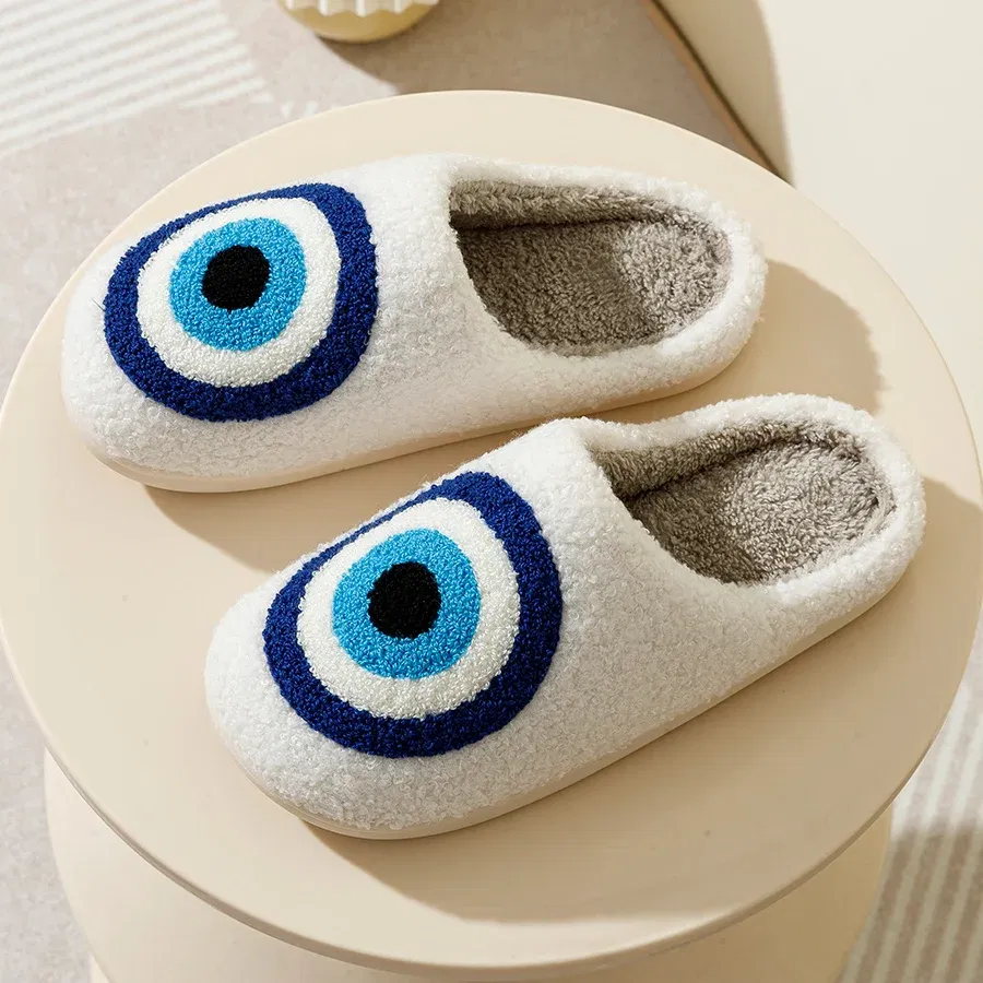 Color: WHITE, Shoe Size: 3.5 - Evil Eyes Blue Embroidery slippers High Quality Women Men Slippers Fashion Pattern Shoes Warm Home Devil's Eyes Houseshoes