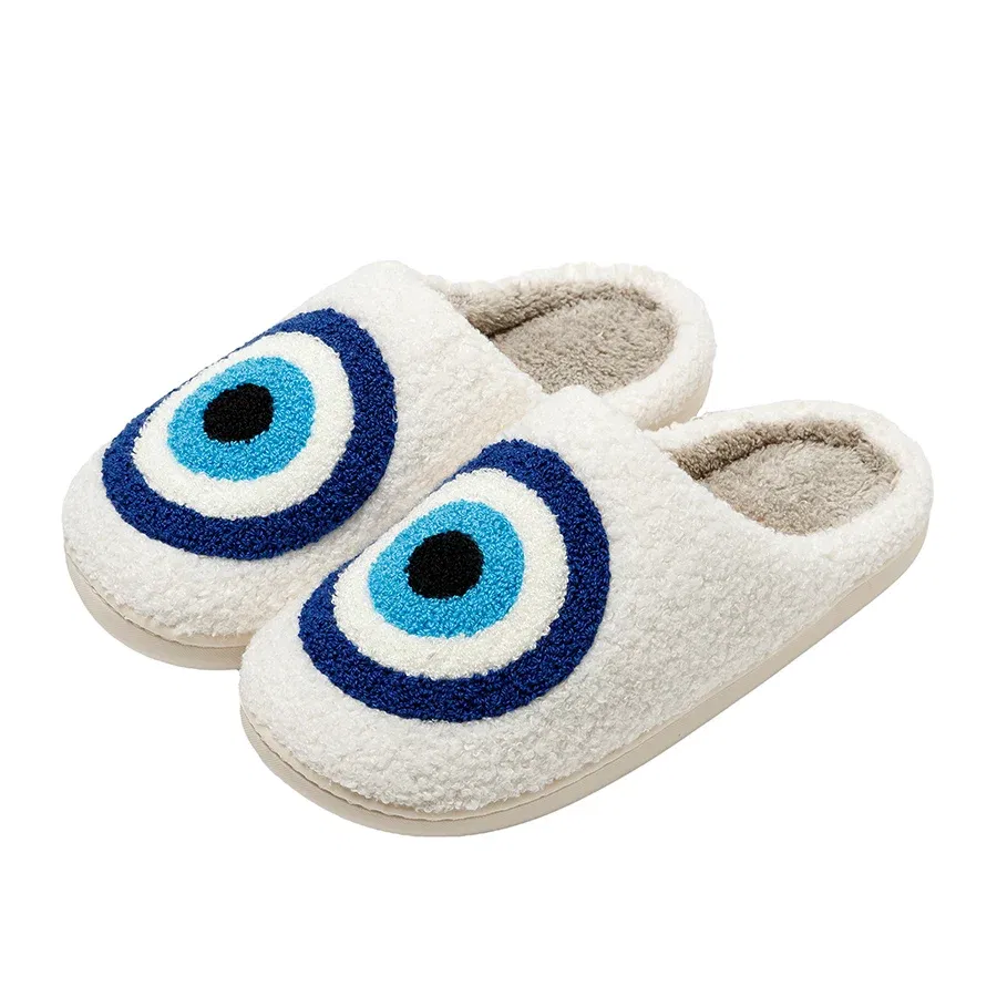 Color: WHITE, Shoe Size: 3.5 - Evil Eyes Blue Embroidery slippers High Quality Women Men Slippers Fashion Pattern Shoes Warm Home Devil's Eyes Houseshoes
