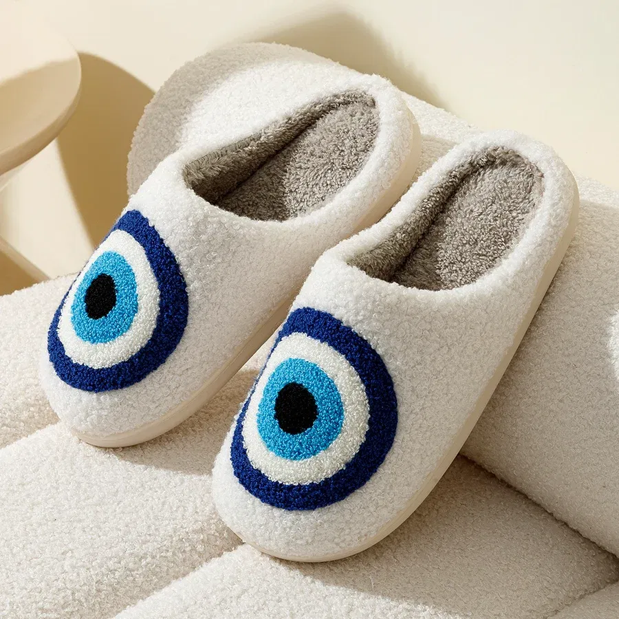 Color: WHITE, Shoe Size: 3.5 - Evil Eyes Blue Embroidery slippers High Quality Women Men Slippers Fashion Pattern Shoes Warm Home Devil's Eyes Houseshoes
