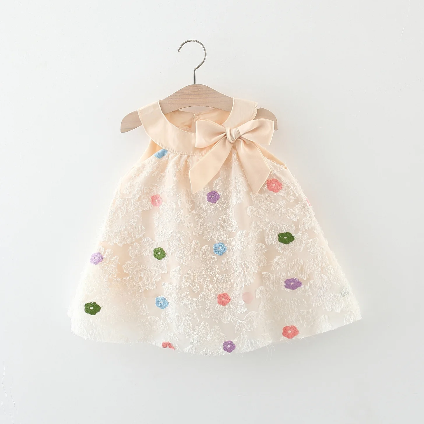 Color: Beige, Ships From: CHINA, Kid Size: 12M - Summer New Baby Girl Dress Polka Dot Small Flying Sleeves Tulip Embroidered Fluffy Dress Lightweight Princess Dress