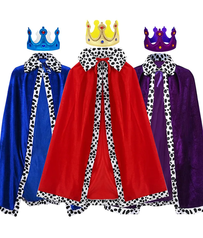 Color: PURPLE, Size: S - Adult Kids King Emperor Cosplay Costume Red Pleuche Cloak Prince Robe Crown Children Birthday Party Christmas Props Cape