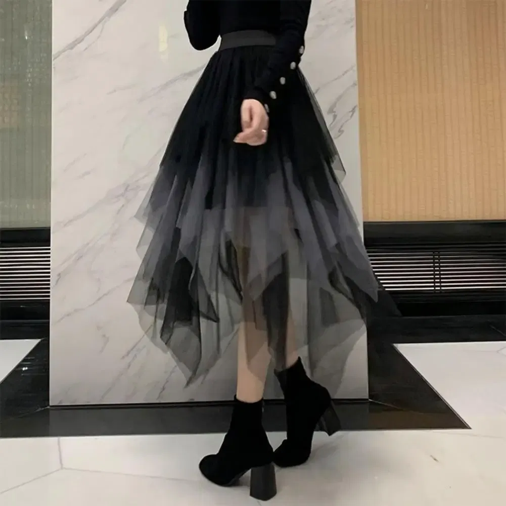 Color: Blue, Size: XXL - 2025 Irregular Mesh Women Skirt High Elastic Waist Colorful Mesh Multi-layered Soft Mid-calf Length Pleated Women Midi Skirt