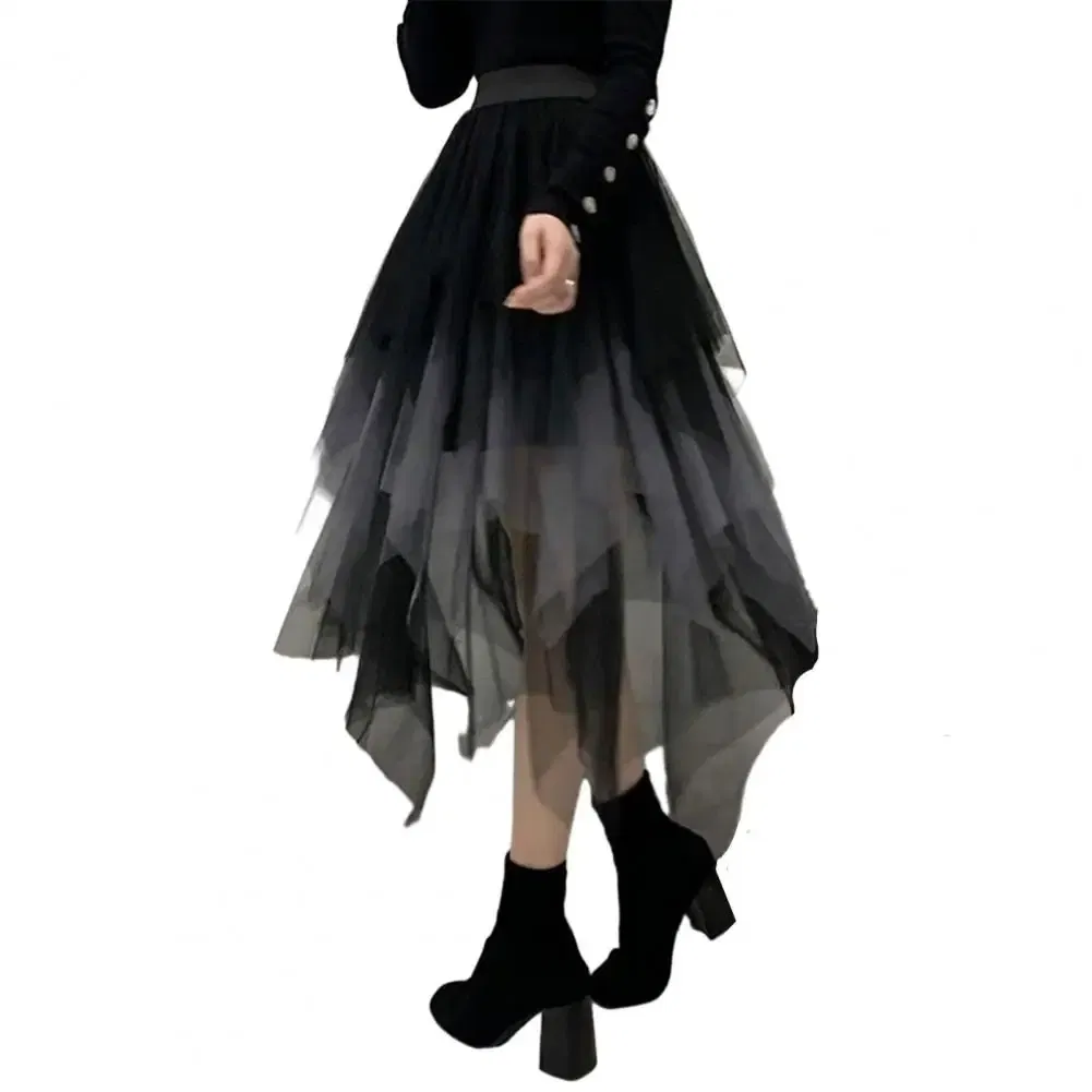 Color: Blue, Size: XXL - 2025 Irregular Mesh Women Skirt High Elastic Waist Colorful Mesh Multi-layered Soft Mid-calf Length Pleated Women Midi Skirt