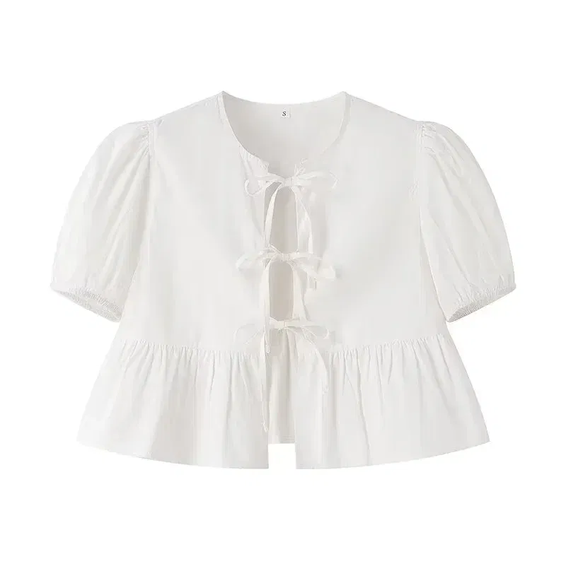 Color: WHITE, Size: S - HXAO Woman 2024 Blouse Puff Sleeve Cropped White Blouse For Women Pleated Cut Out Black Blouse With Tied Leopard Print Top