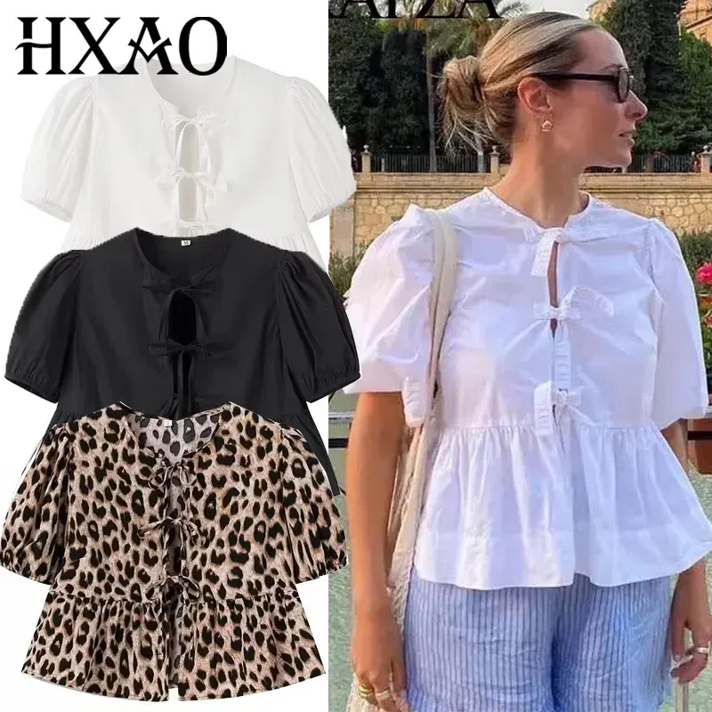 Color: WHITE, Size: S - HXAO Woman 2024 Blouse Puff Sleeve Cropped White Blouse For Women Pleated Cut Out Black Blouse With Tied Leopard Print Top