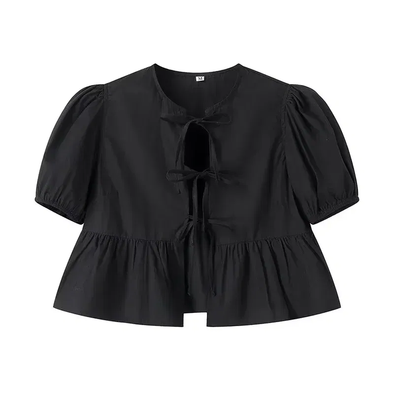 Color: WHITE, Size: S - HXAO Woman 2024 Blouse Puff Sleeve Cropped White Blouse For Women Pleated Cut Out Black Blouse With Tied Leopard Print Top