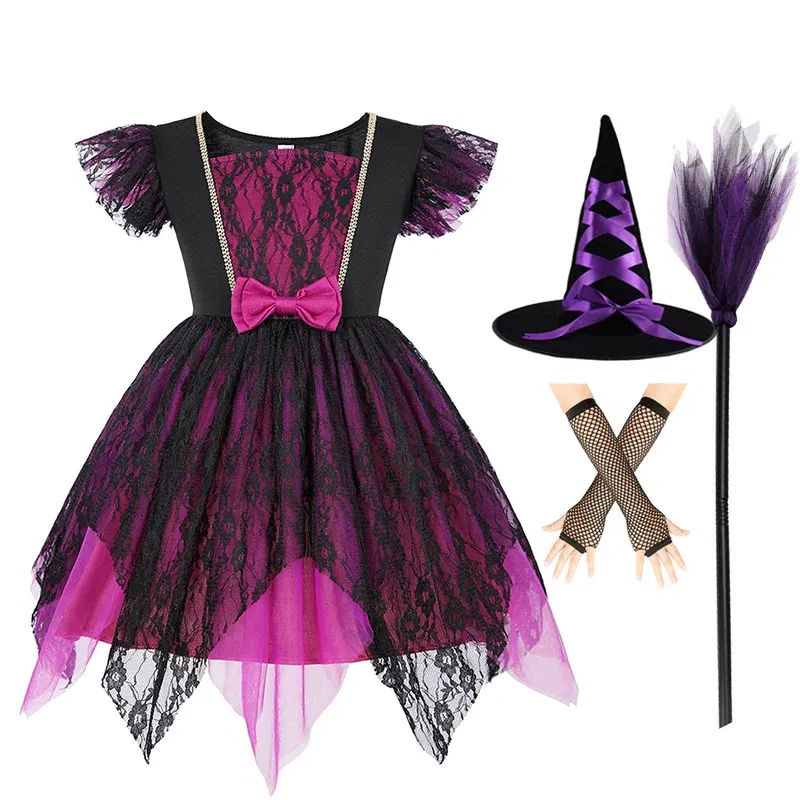 Color: Chocolate, Kid Size: 4T - Halloween Witch Tutu Dress for Girls Handmade Mesh Bat Wizard Cosplay Costumes with Hat Broom Toddler Evil Party Clothes Set