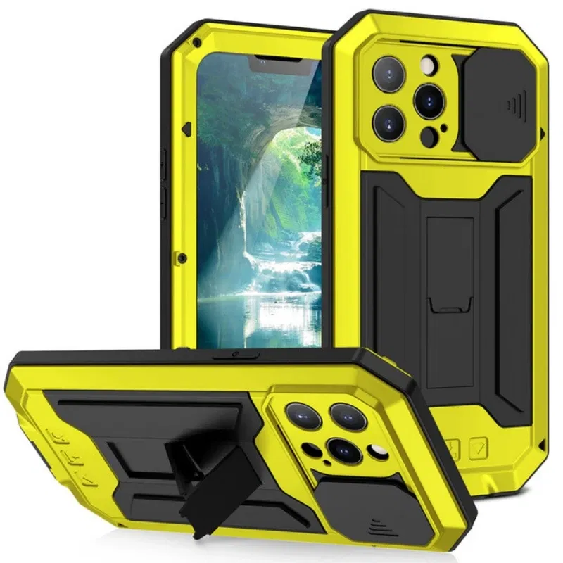 Color: Yellow, Material: ABS - Heavy Duty Metal Aluminum Case For iPhone 14 13 15 Pro Max Military Grade Shockproof Bumpers Armor Kickstand Camera Slider Cases