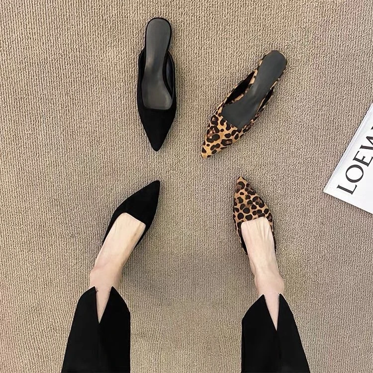 Color: black, Shoe Size: 35 - Women Slippers Pointed Toe Leopard Design Shallow Slip on Thin Low Heels Black Flock Design Casual Mules Loafers Black Outdoor
