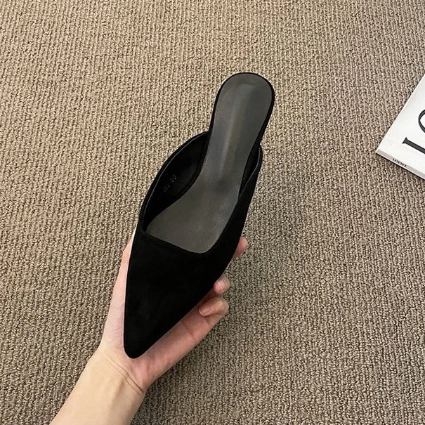 Color: black, Shoe Size: 35 - Women Slippers Pointed Toe Leopard Design Shallow Slip on Thin Low Heels Black Flock Design Casual Mules Loafers Black Outdoor