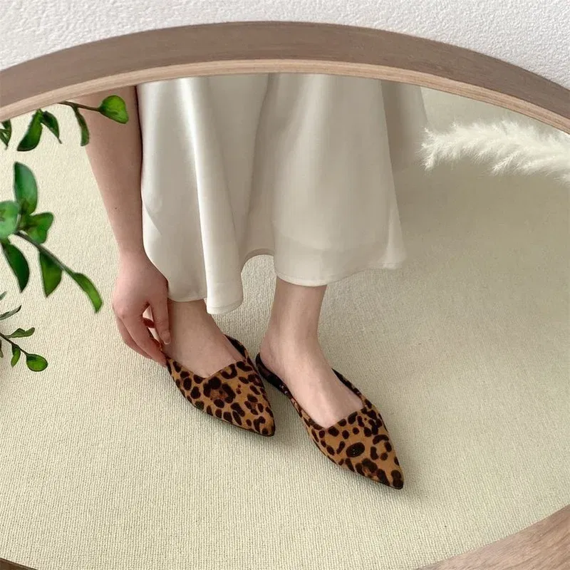 Color: black, Shoe Size: 35 - Women Slippers Pointed Toe Leopard Design Shallow Slip on Thin Low Heels Black Flock Design Casual Mules Loafers Black Outdoor