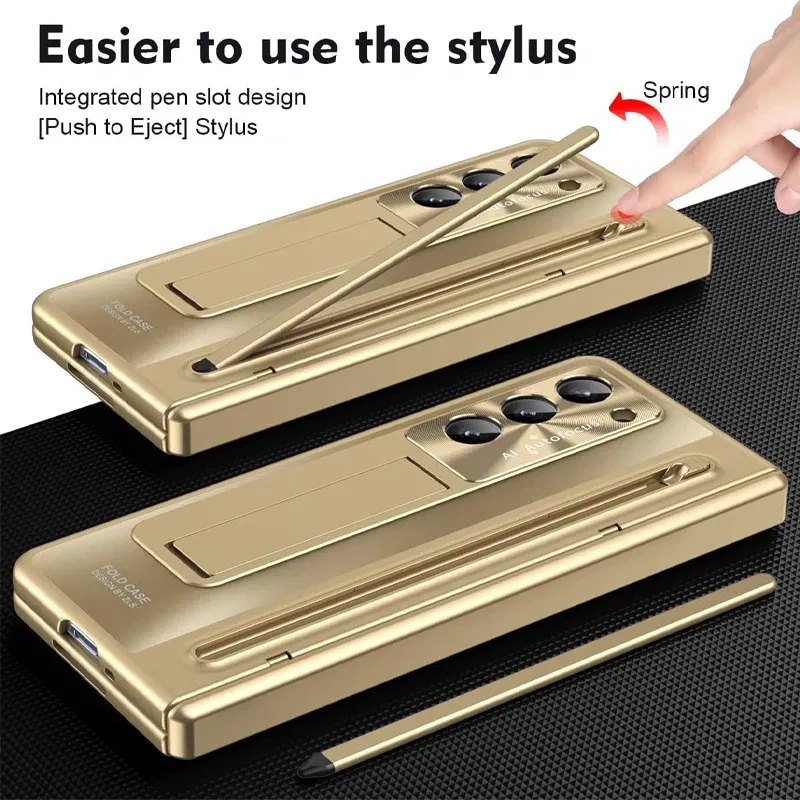 Color: Brown, Bundle: Case & Strap, Material: Canvas - For Samsung Galaxy Z Fold 4 5 Case With S Pen Stand & Hinge Cover Screen Protector All-inclusive Anti-drop For Z Fold5 Fold4