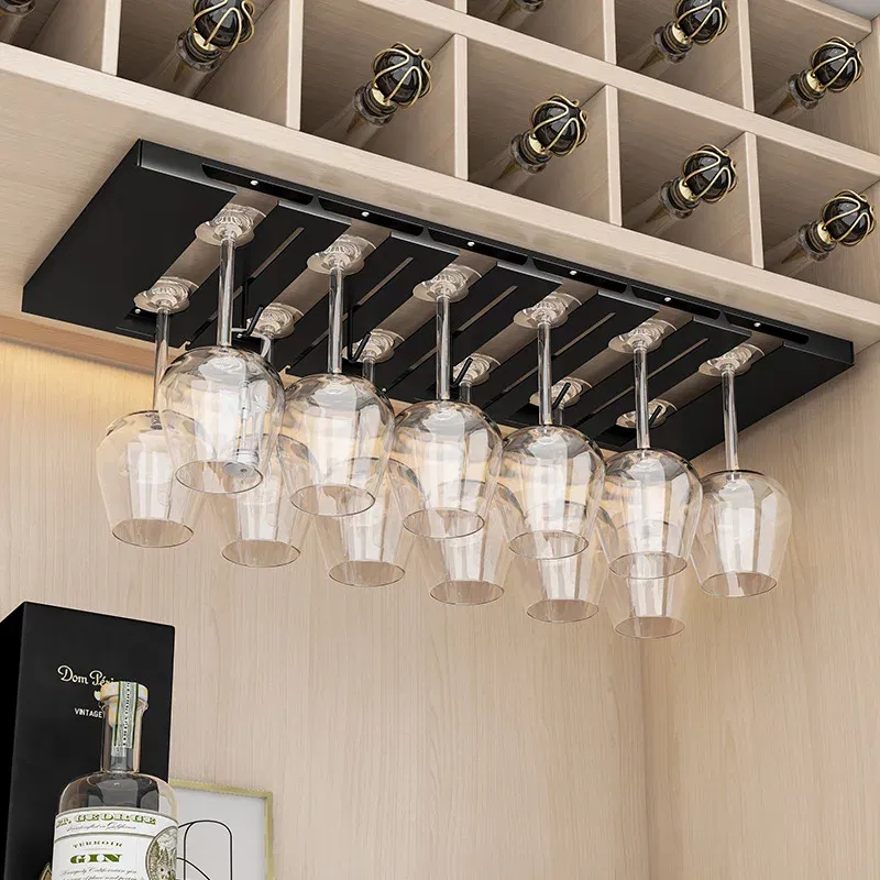 Color: light yellow - Stainless Steel Under Cabinet Wine Glass Cup Holder Space-Saving Bar Counter Shelf Storage Rack Hanging Hooks Goblet Pokal Stand