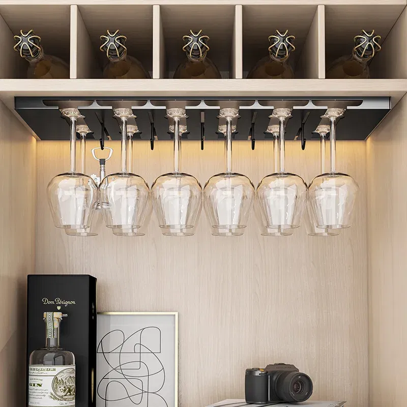 Color: light yellow - Stainless Steel Under Cabinet Wine Glass Cup Holder Space-Saving Bar Counter Shelf Storage Rack Hanging Hooks Goblet Pokal Stand