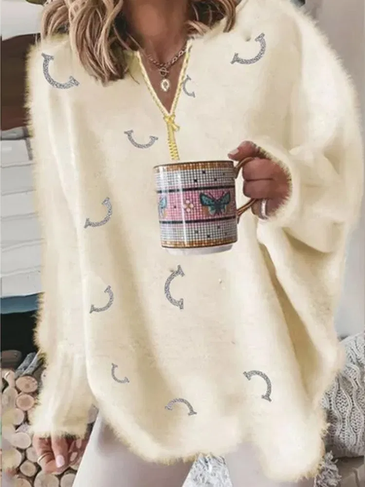 Color: WHITE, Size: S - Women's V Neck Long Sleeve Sweater Casual Loose Fit Pullover Sexy Zipper Warm Knit Printed 2024 Fashion Trend for Women