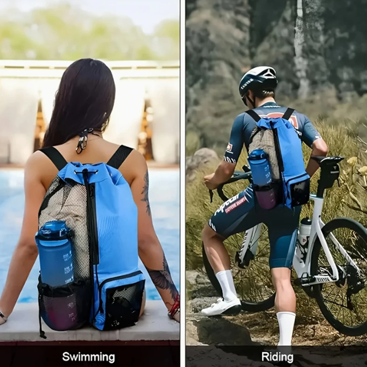 Color: green - Outdoor beach backpack, swimming bag, mesh perforated drawstring backpack with wet bag, gym yoga exercise storage bag, 1 set