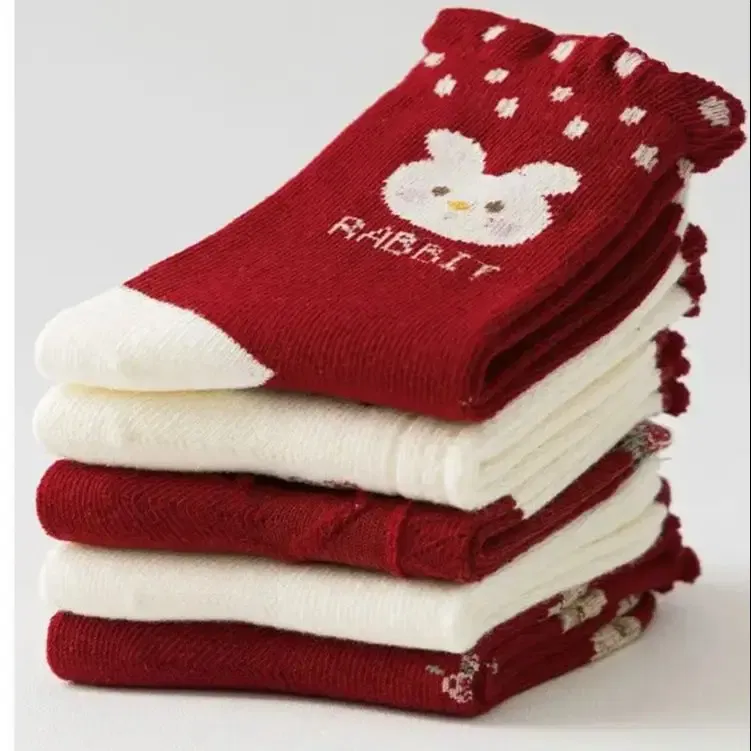 Color: WHITE, Size: 7-9T - Kids Autumn Socks Cute Red Floral Pattern Sock Girls New Year Calf Socks Children's Socks 5 Pairs Cotton Socks