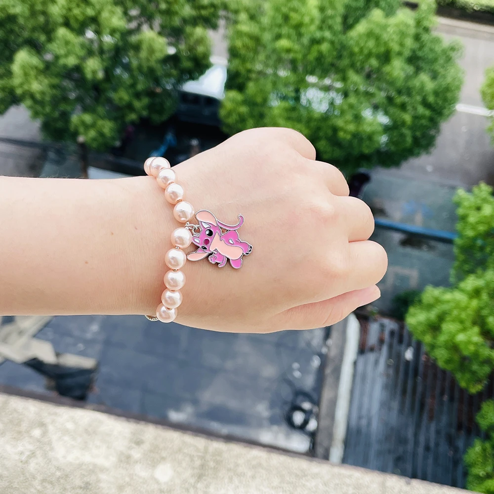 Metal Color: dark green, Ships From: CHINA - Disney Stitch Jewelry Cartoon Film Lilo & Stitch Pearl Bracelet for Women Cute Stitch Luxurious Charms Bangle for Girl Gifts
