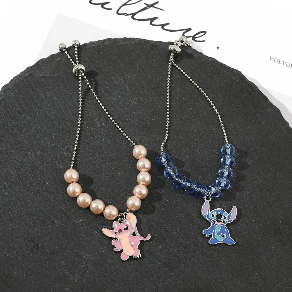 Metal Color: dark green, Ships From: CHINA - Disney Stitch Jewelry Cartoon Film Lilo & Stitch Pearl Bracelet for Women Cute Stitch Luxurious Charms Bangle for Girl Gifts