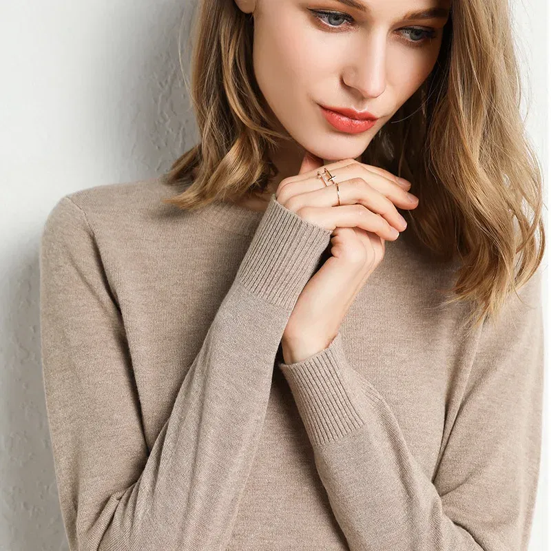 Color: camel, Size: S - Women Slim O-Neck Solid Pullover Cashmere Wool Blending Sweater Autumn And Winter Long-Sleeved Knit Bottoming Shirt Large Size