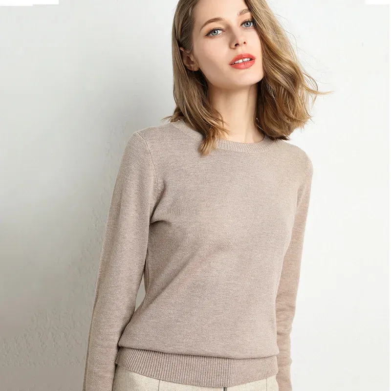 Color: camel, Size: S - Women Slim O-Neck Solid Pullover Cashmere Wool Blending Sweater Autumn And Winter Long-Sleeved Knit Bottoming Shirt Large Size
