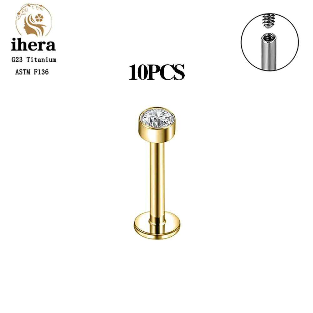 Metal color: Light Yellow Gold Color, Ships From: CHINA, Main Stone Color: Gold - 10PCS G23 Titanium Labret Piercing Lip Ring 16G F136 Internal Thread Nose Stud Earring Tragus Helix Cartilage Piercing Jewelry