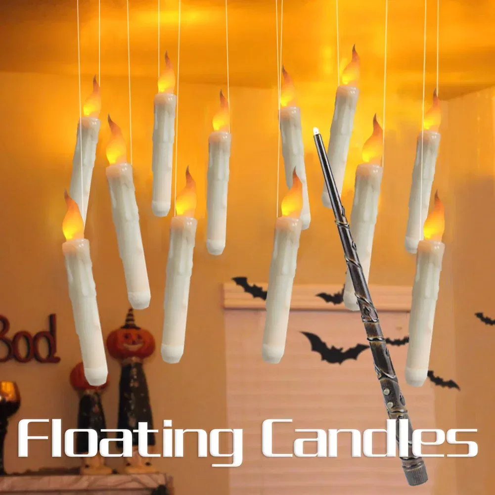 Emitting Color: RGB - Halloween LED Floating Candles Magic Wand Remote Hanging Operated Potter Harries Battery Floating Candles Warm Light Decoration