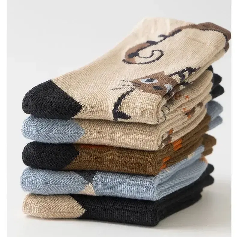 Color: Beige, Size: 4-6T - 5 Pairs Children's Socks Cotton Socks Autumn Cartoon Pattern Medium Socks Kids Boys Girls A ClassSocks