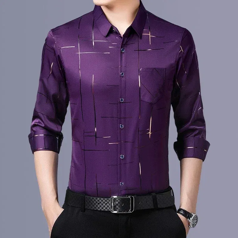 Color: PURPLE, Size: S - Men's Casual and Fashionable Long Sleeved Printed Shirt, Non Ironing and Wrinkle Resistant Business Top