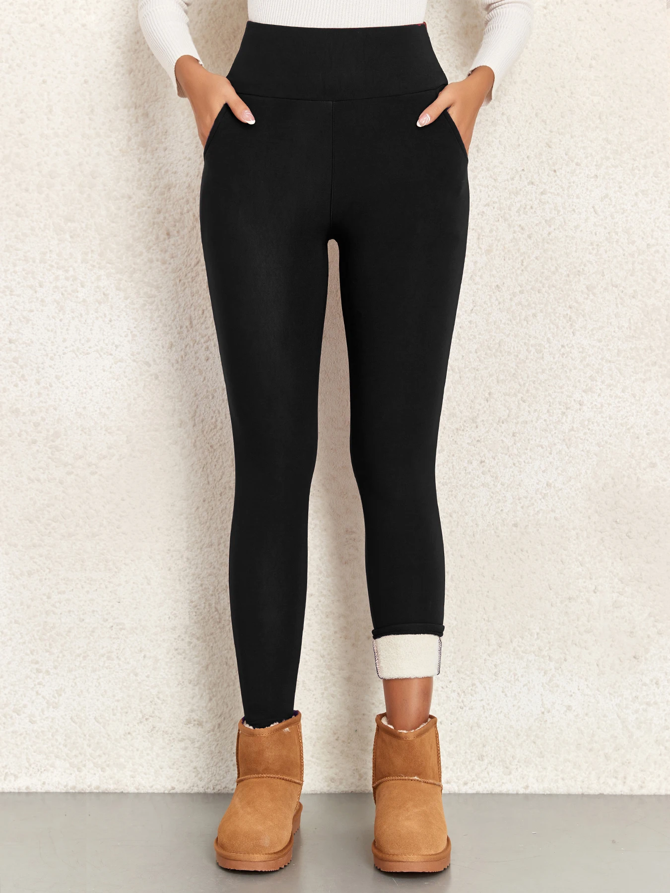 Color: Beige, Size: S - Pockets Thick Winter Warm Leggings Women High Waist Mallas Casual Velvet Warm Leggings Prevent Cold Super Warm Pants