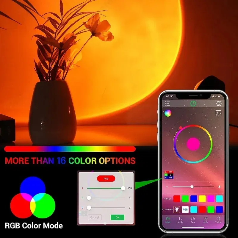Color: Yellow - Intelligent LED Rainbow Sunset Projection Light Bar Coffee Shop Home Living Room Bedroom Background Wall Atmosphere Lighting