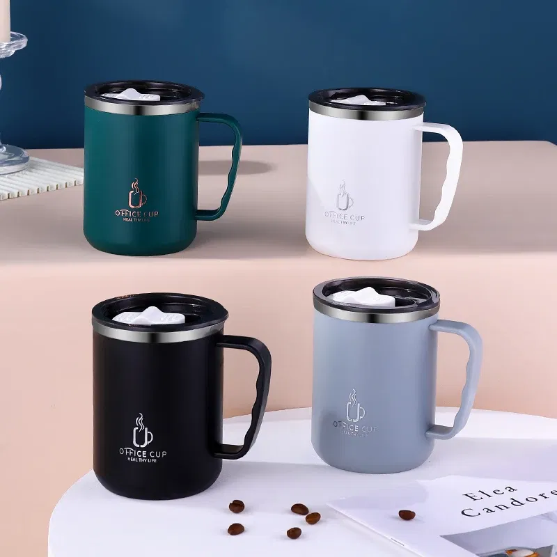 Color: WHITE, Capacity: 401-500ml - 500ml/17oz 304 Stainless Steel Water Bottle Double Layers Coffee Mug Milk Cup With Plastic Lid And Handle