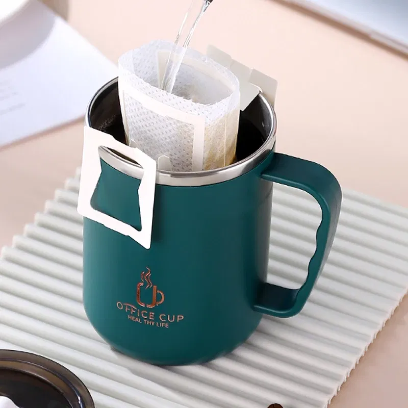 Color: WHITE, Capacity: 401-500ml - 500ml/17oz 304 Stainless Steel Water Bottle Double Layers Coffee Mug Milk Cup With Plastic Lid And Handle