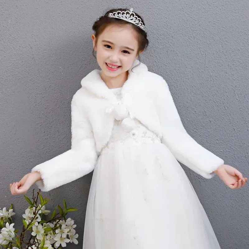 Color: Beige, Kid Size: 7 - Kids Girls Princess Thicken Plush Jacket Crop Wraps Shawl Flower Girls Long Sleeves Bolero Warm Cape Wedding Birthday Party Coat