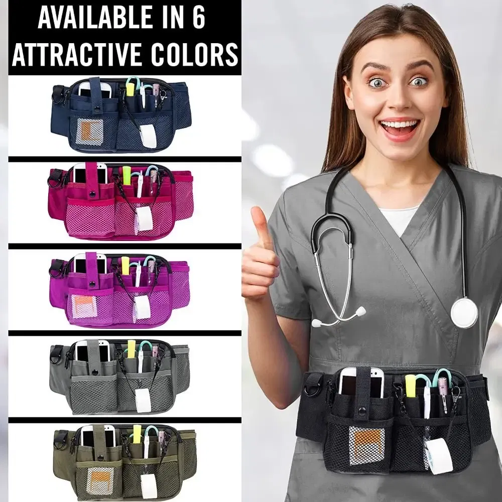 Color: SKY BLUE - Adjustable Nurse Fanny Pack Portable Large Capacity Polyester Nurse Pouch Waist Bag Multi Compartment Pocket Belt Organizer