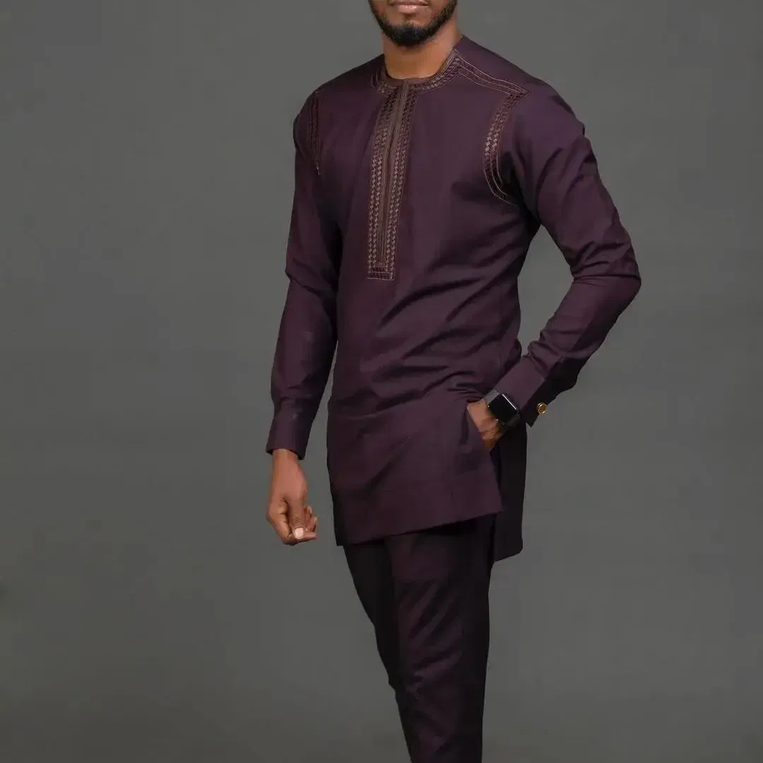 New Kaunda Boutique Men's Set Fashionable Red Luxury Grand Round Neck Embroidery Slim Fit Two Piece Wedding Festival Set