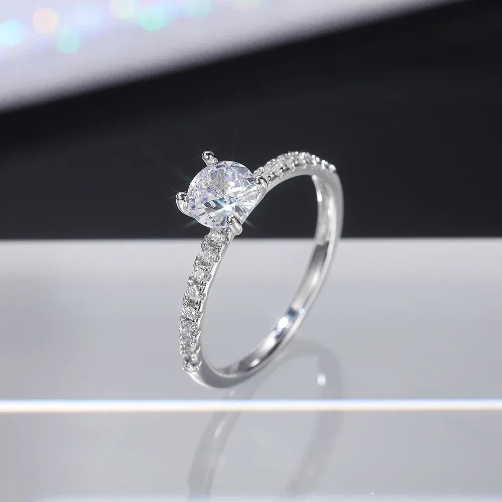 Main Stone Color: Red, Ring Size: 5 - Huitan Classic 4 Claws Design Round Zirconia Women Wedding Engagement Rings 3 Colors Available Low-key Bridal Jewelry Hot Sale