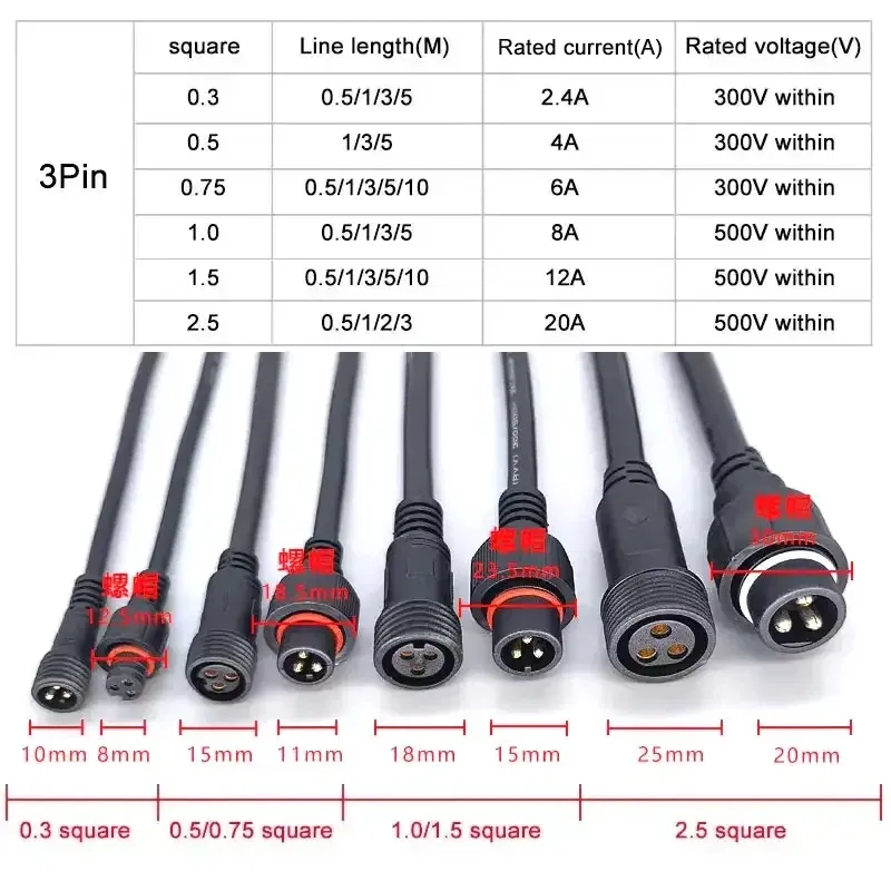 Color: Brown, Pins: 4P - 3Pin Waterproof Extension Cable 0.3/0.5/0.75/1.0/1.5/2.5 square meter Outdoor LED Plug Male to Female Aviation Power Connector