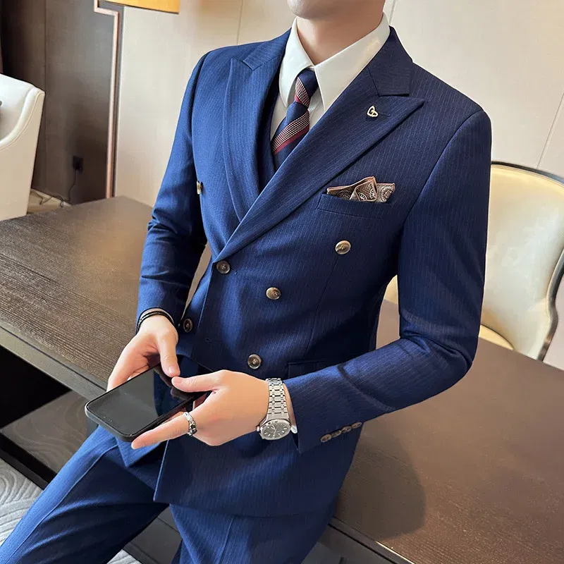 Men's Double Breasted 3/2 Piece Business Casual Wedding Dress Suit with  Trousers Regular Fit Bridegroom High Sense