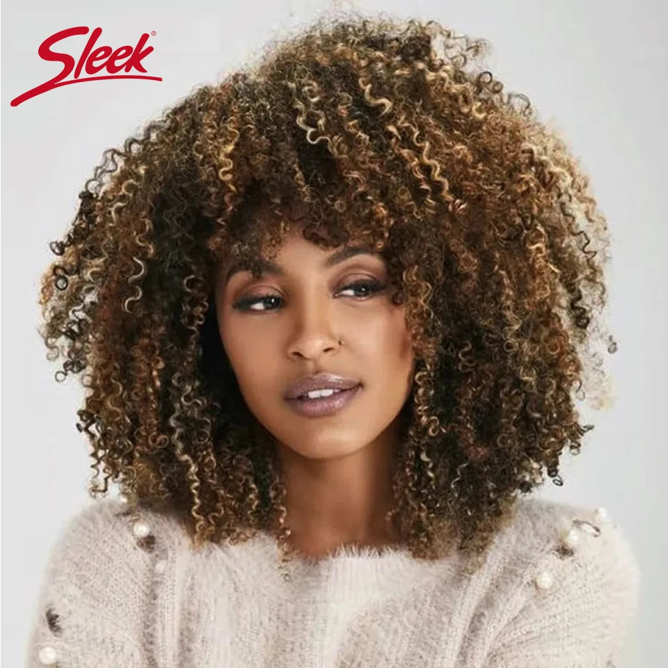 Hair Color: P4/30, Stretched Length: 12INCHES, Density: 230% - Sleek P4/27 Afro Kinky Curly Human Hair Bob Wigs Brazilian Highlight T1b/30 Remy Hair With Bang 250% Density Black Human Hair