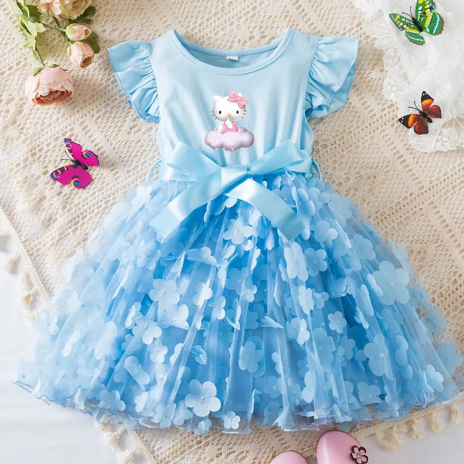 Color: MULTI, Size: L - Hello Kitty Summer Dress for Kid's Casual Clothes 3D Butterfly Cute Baby Girls Princess Dress Party Dresses 2-6 Yrs