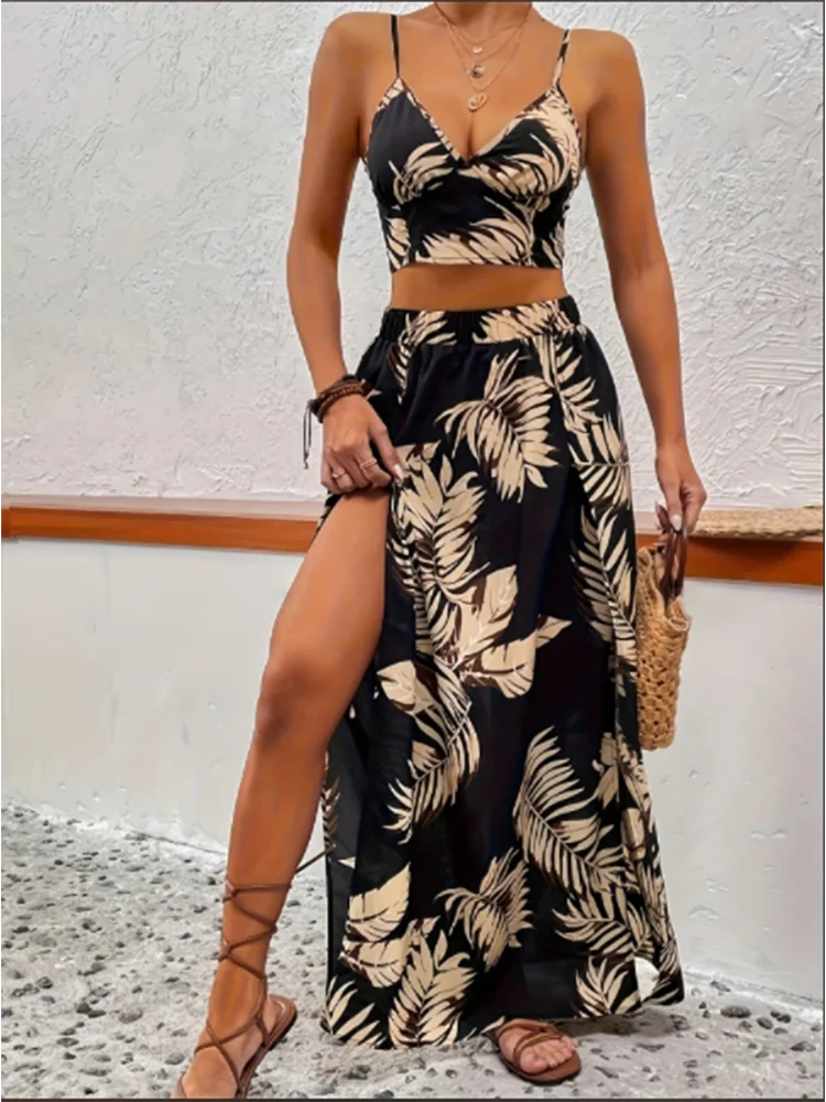 Color: black, Size: S - Elegant Deep V-neck Dress Women Summer Sleeveless Printed Vest Skirt Set Sexy High Slit Trend Dresses