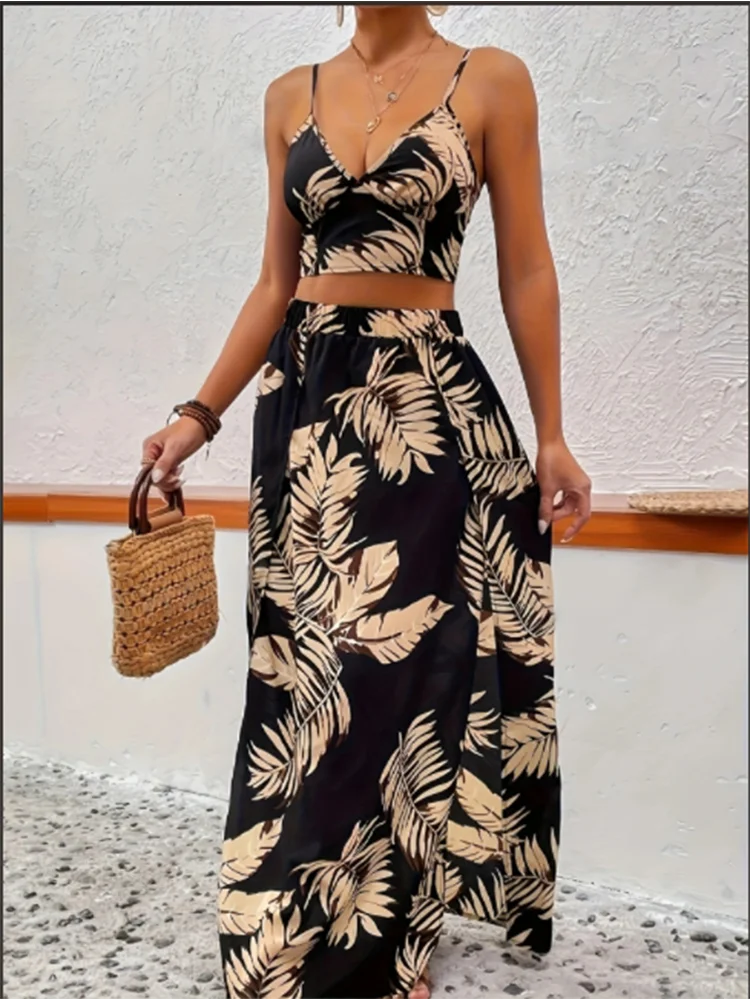 Color: black, Size: S - Elegant Deep V-neck Dress Women Summer Sleeveless Printed Vest Skirt Set Sexy High Slit Trend Dresses
