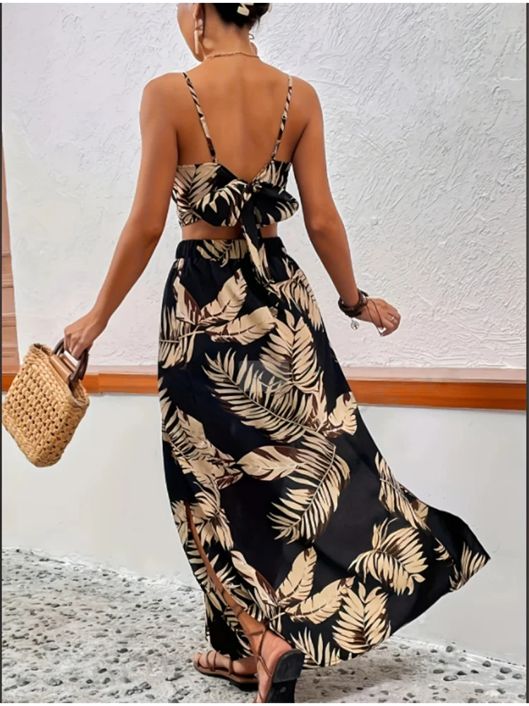 Color: black, Size: S - Elegant Deep V-neck Dress Women Summer Sleeveless Printed Vest Skirt Set Sexy High Slit Trend Dresses